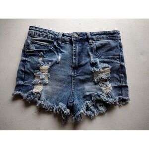Almost Famous Women's Size 5 Blue Distressed Denim Frayed Hem Shorts